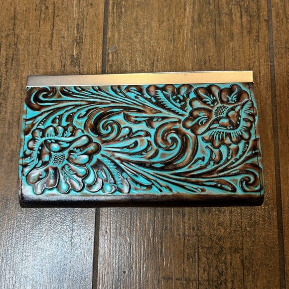 Patricia Nash CAUCHY Wallet Italian Tooled Turquoise Leather - Picture 5 of 10